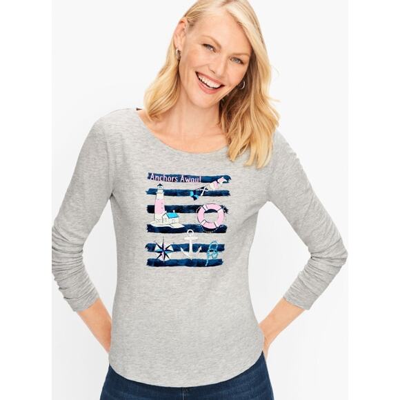 Talbots Anchors Away Graphic Print Nautical Tee Light Gray Womens Plus Size X - Picture 1 of 5